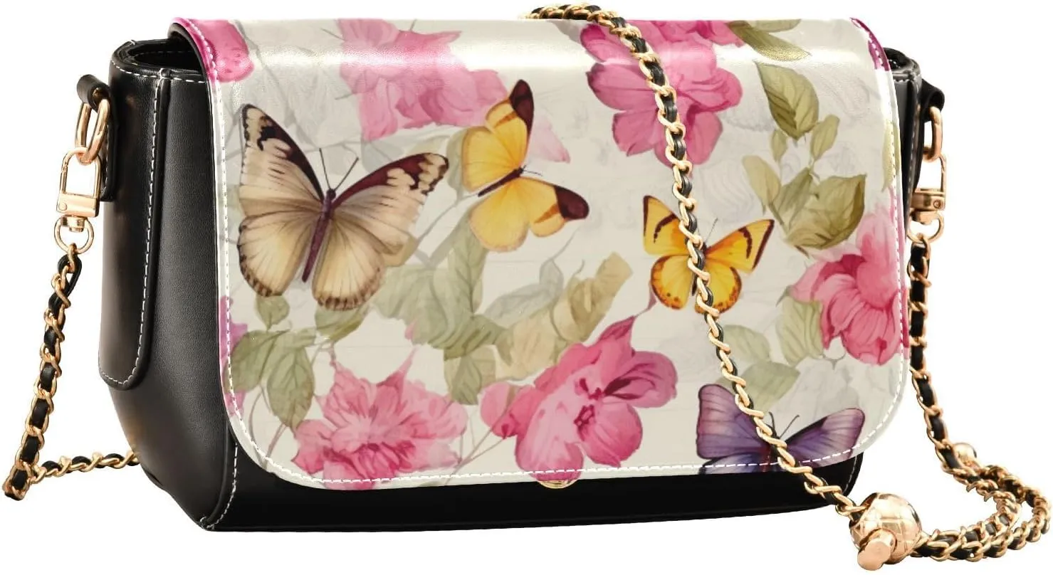 Pink Roses with Leaves Women's Shoulder Bag, Leather Crossbody Bags for Women