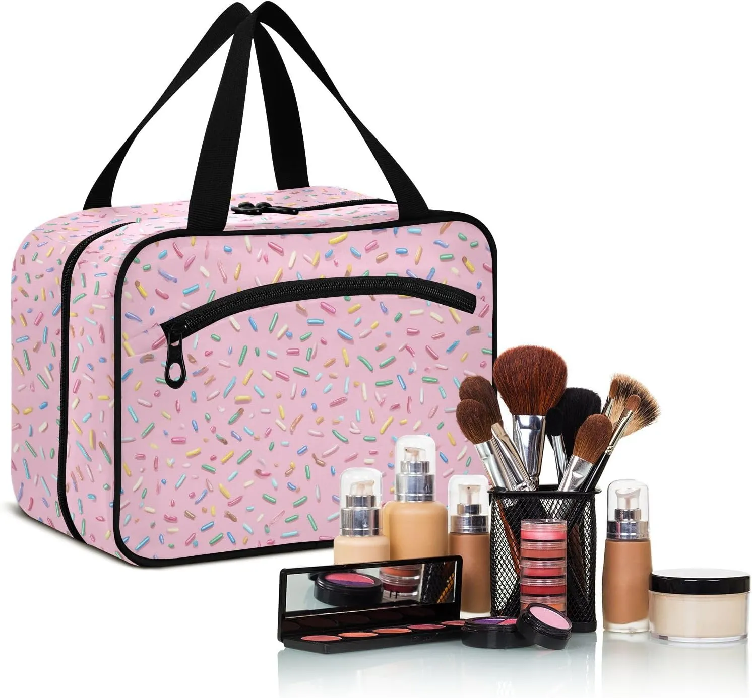 Pink Sugar Granule Toiletry Bag with Full Print Design Durable Hanging Travel Organizer with Clear Zip Pockets & Hook for Vacation Gym Bathroom or Business Trips