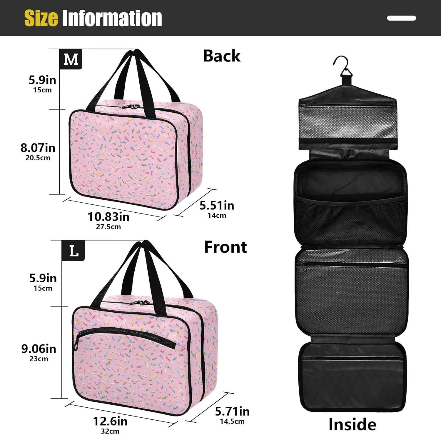 Pink Sugar Granule Toiletry Bag with Full Print Design Durable Hanging Travel Organizer with Clear Zip Pockets & Hook for Vacation Gym Bathroom or Business Trips