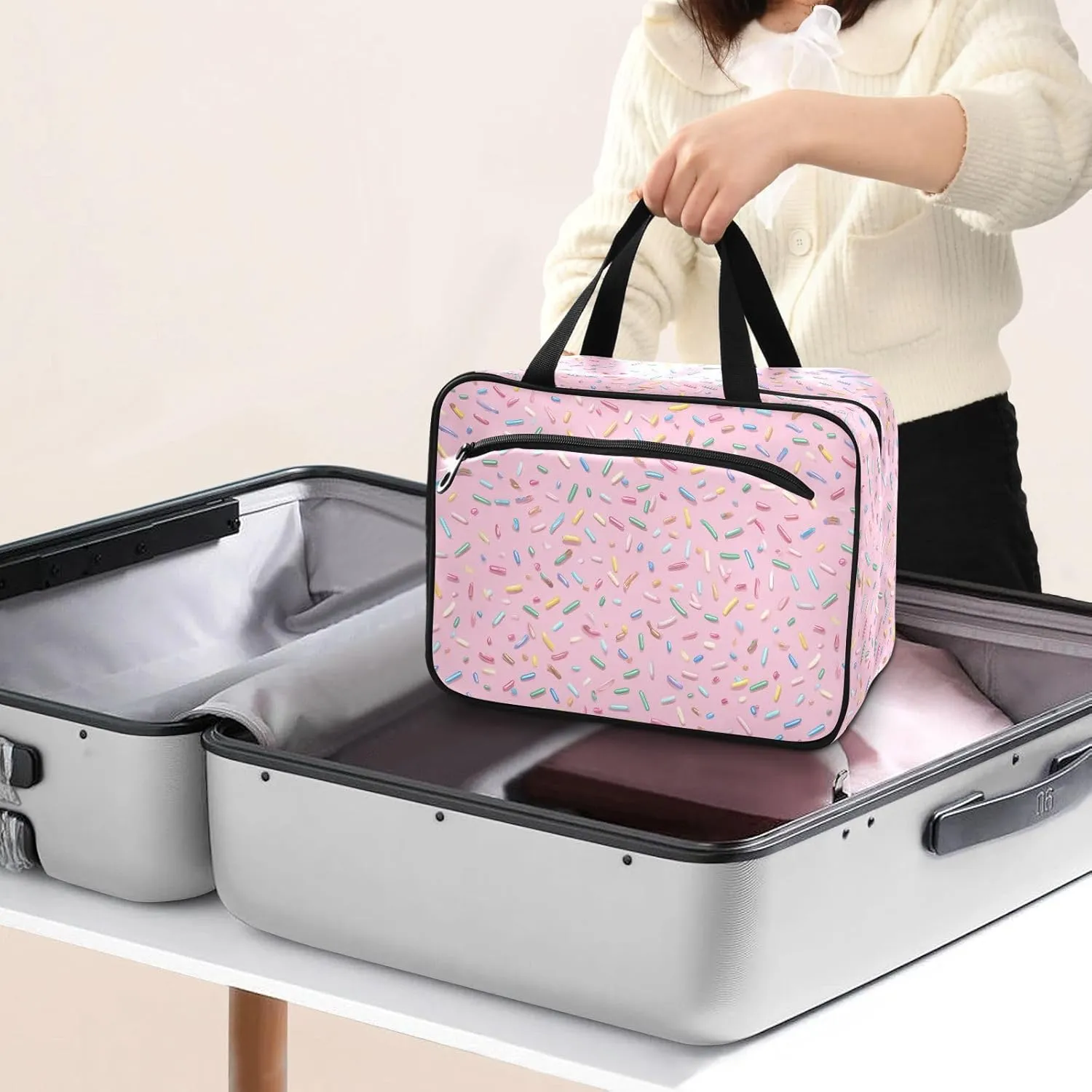 Pink Sugar Granule Toiletry Bag with Full Print Design Durable Hanging Travel Organizer with Clear Zip Pockets & Hook for Vacation Gym Bathroom or Business Trips