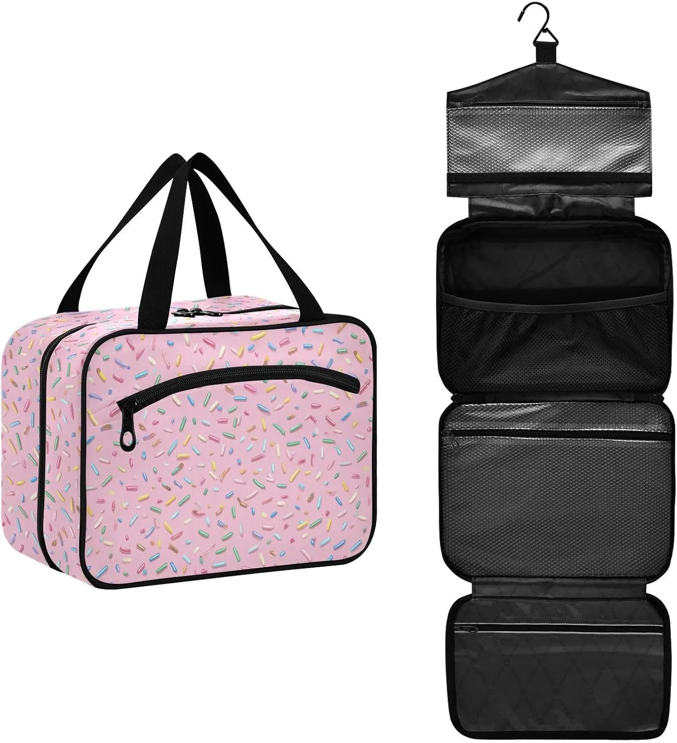 Pink Sugar Granule Toiletry Bag with Full Print Design Durable Hanging Travel Organizer with Clear Zip Pockets & Hook for Vacation Gym Bathroom or Business Trips