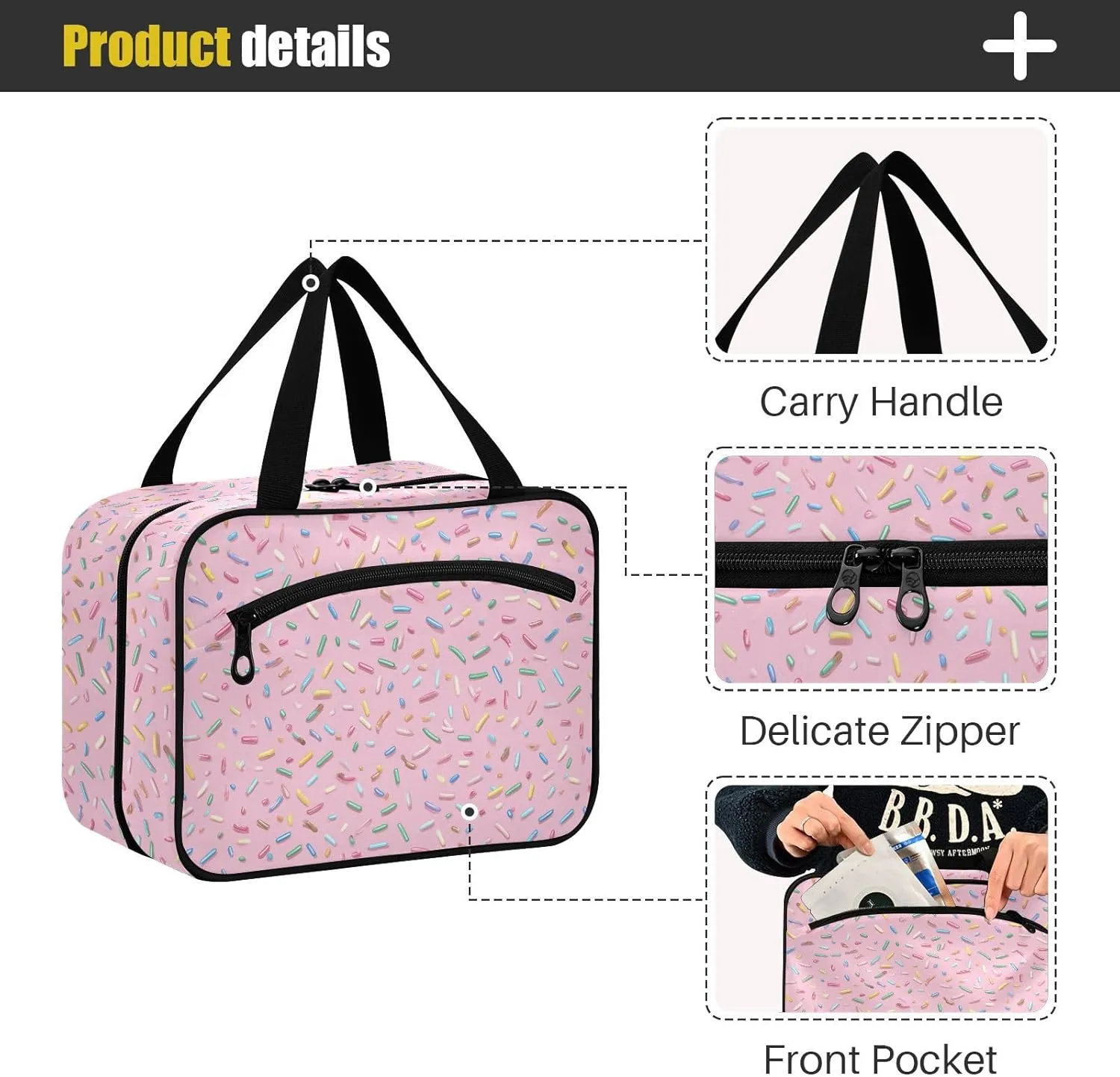 Pink Sugar Granule Toiletry Bag with Full Print Design Durable Hanging Travel Organizer with Clear Zip Pockets & Hook for Vacation Gym Bathroom or Business Trips