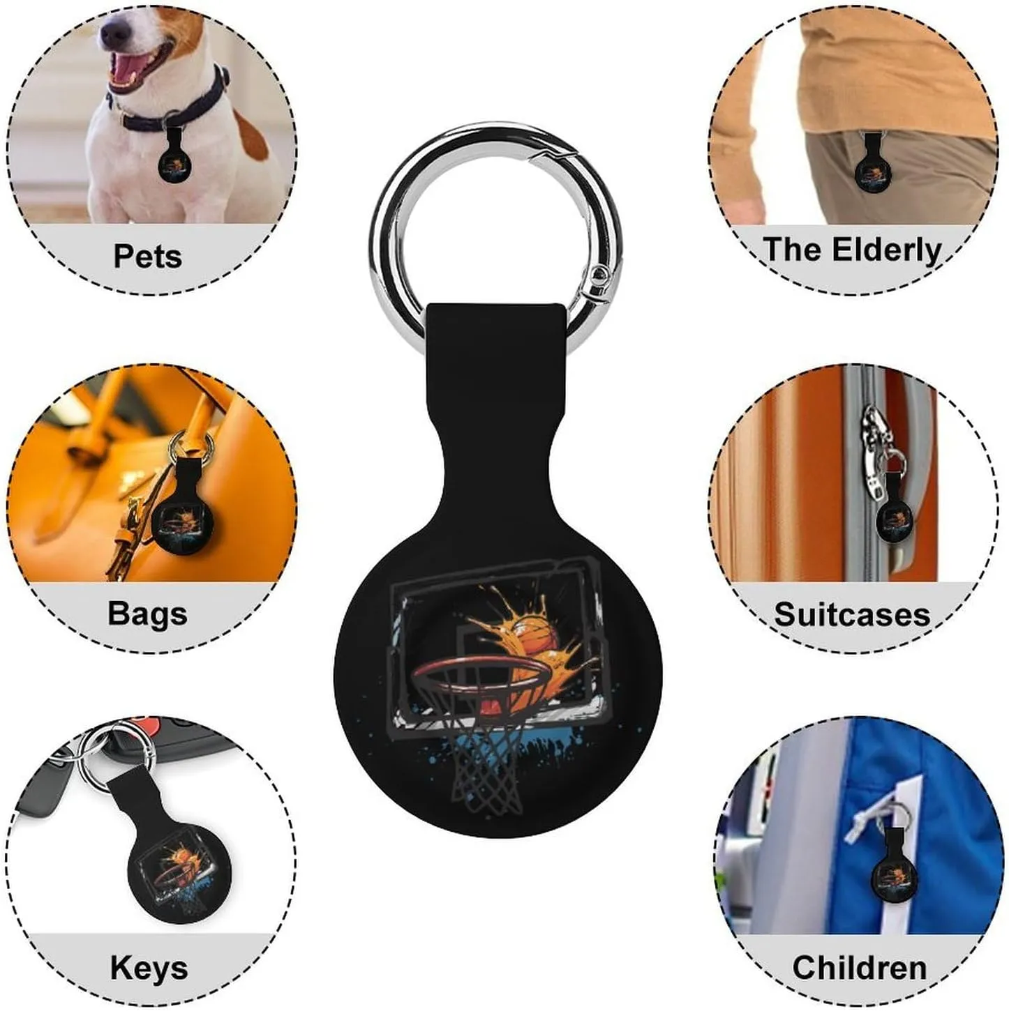 Player Basketball Slam Dunk Protective Case Cover Silicone Case Key Finder with Keychain for Bags Pets Compatible with AirTag 4PCS