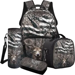 Poceacles 4 in 1 Backpack Set with Lunch Bag Pencil Case Lunch Water Bottle Carrier, Comfortable Lightweight Bookbag for Middle School Junior High, Deer American Flag Wood Grain