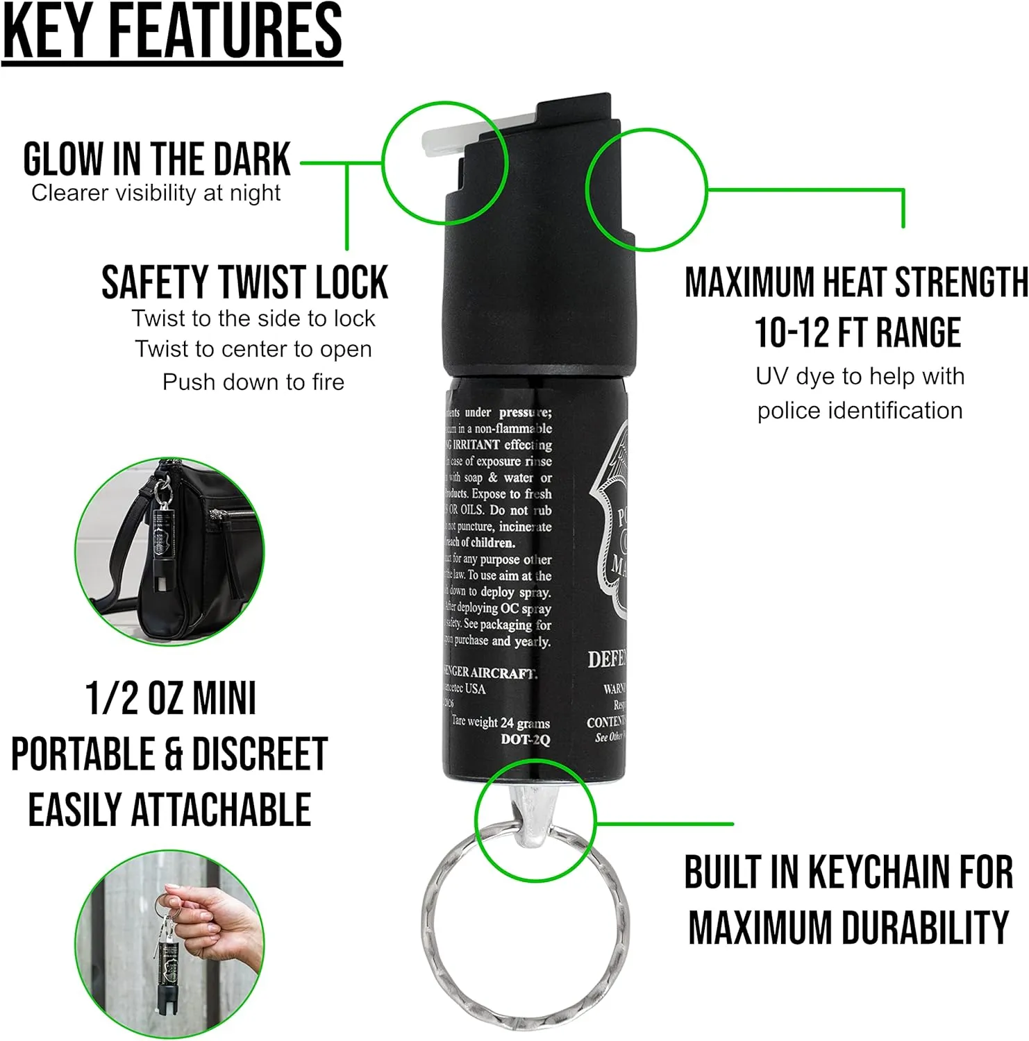 POLICE MAGNUM Mini Pepper Spray Bulk Pack- Max Heat Strength Protection- Made in The USA- 1/2oz Twist Lock Keyrings