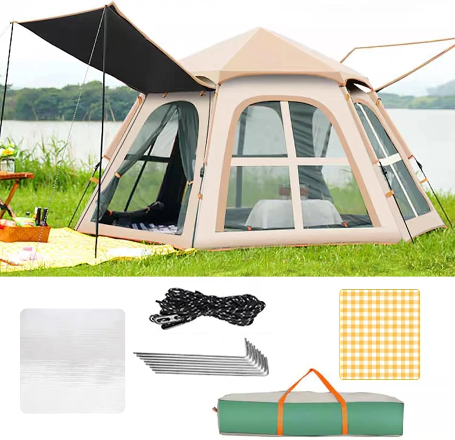 Pop-Up Camping Tent,3-5Person Camping Dome Tent,Double Layer Family Camping Tent, Lightweight Portable Backpacking Tent for Outdoor Camping/Hiking(Pink)
