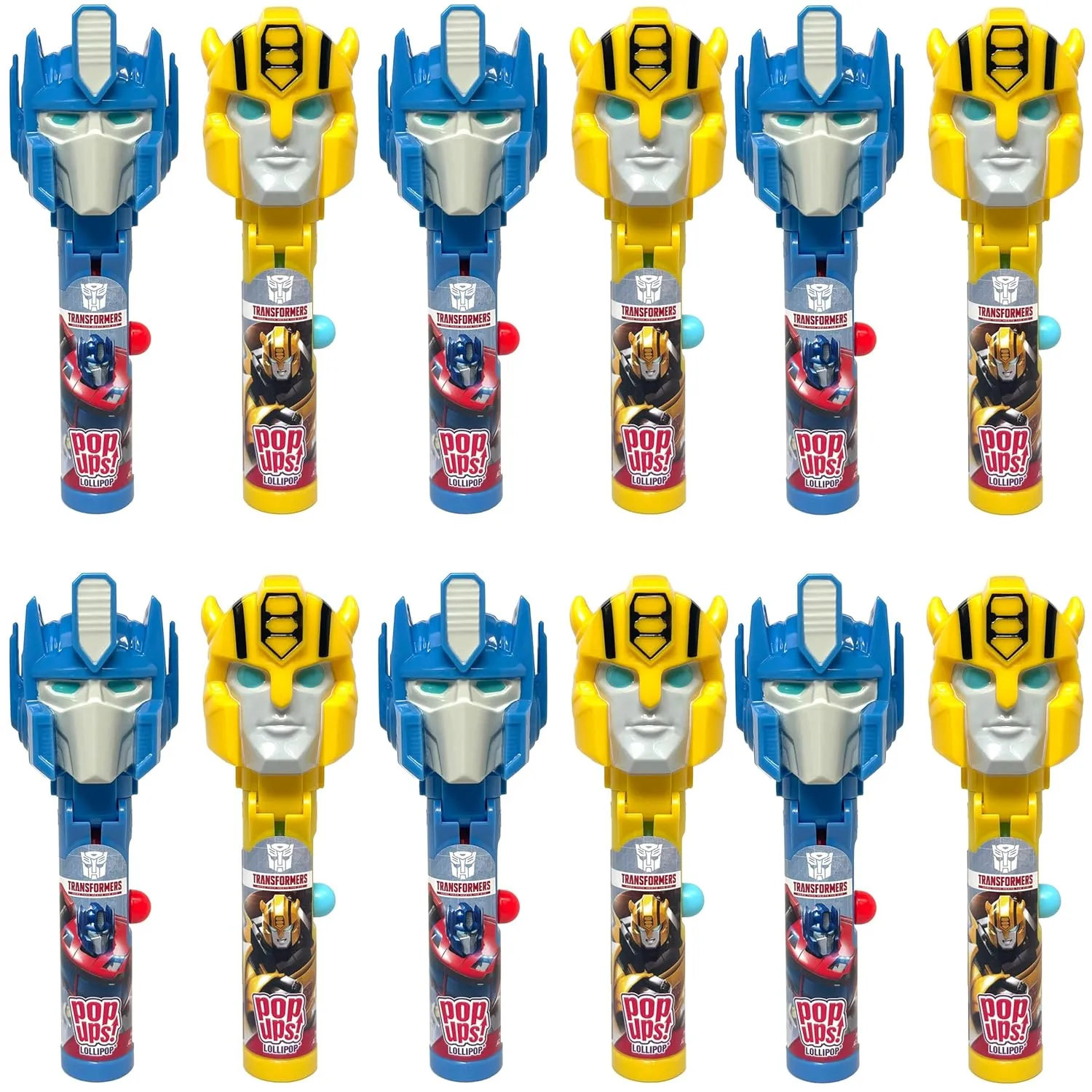 Pop Ups! Transformers Lollipop Holders - Bumble Bee and Optimus Prime - 12 Chupa Chups Lollipops with Cases - Individually Wrapped Candy Party Favors - Transformers Candy - Bulk Set of 12
