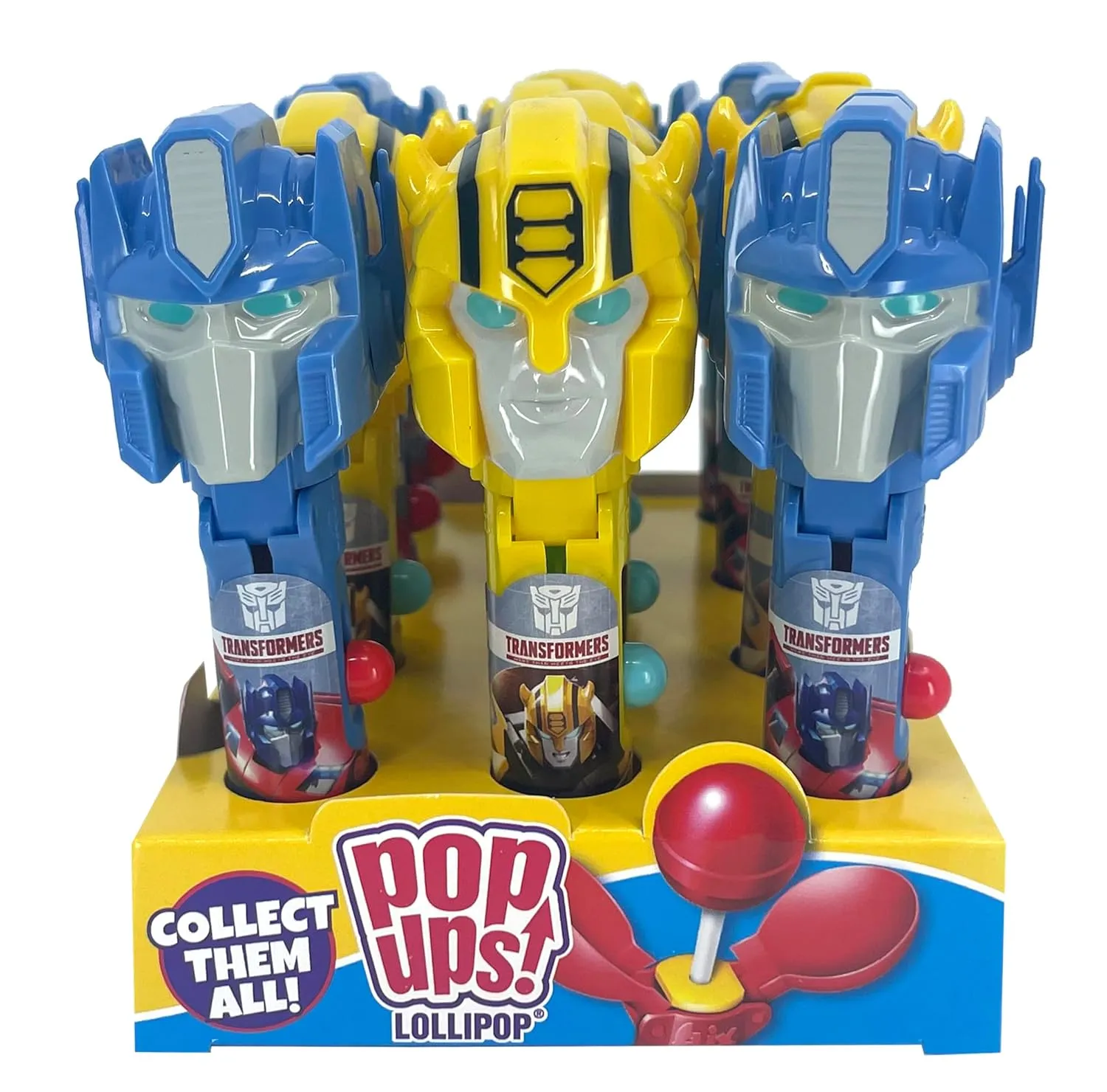 Pop Ups! Transformers Lollipop Holders - Bumble Bee and Optimus Prime - 12 Chupa Chups Lollipops with Cases - Individually Wrapped Candy Party Favors - Transformers Candy - Bulk Set of 12