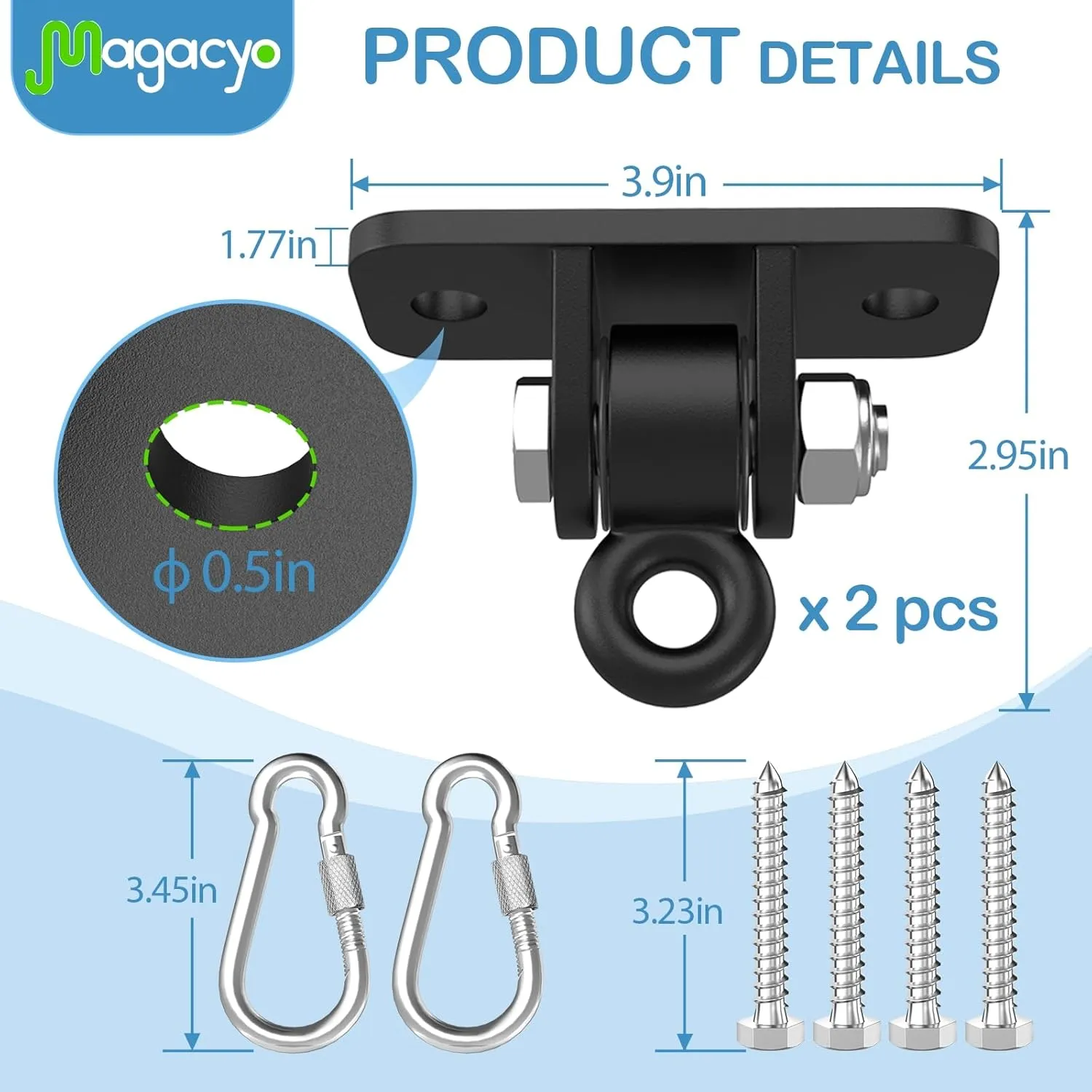 Porch Swing Hanging Kit, Heavy Duty Swing Hangers Outdoor Indoor Ceiling Patio Playground Tree Yoga Seat Trapeze Swingset Hardware Bracket 2 Set with Mounting Snap Hook Screw Washer (Black)