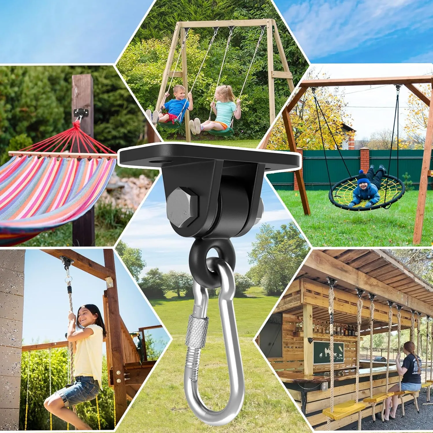 Porch Swing Hanging Kit, Heavy Duty Swing Hangers Outdoor Indoor Ceiling Patio Playground Tree Yoga Seat Trapeze Swingset Hardware Bracket 2 Set with Mounting Snap Hook Screw Washer (Black)