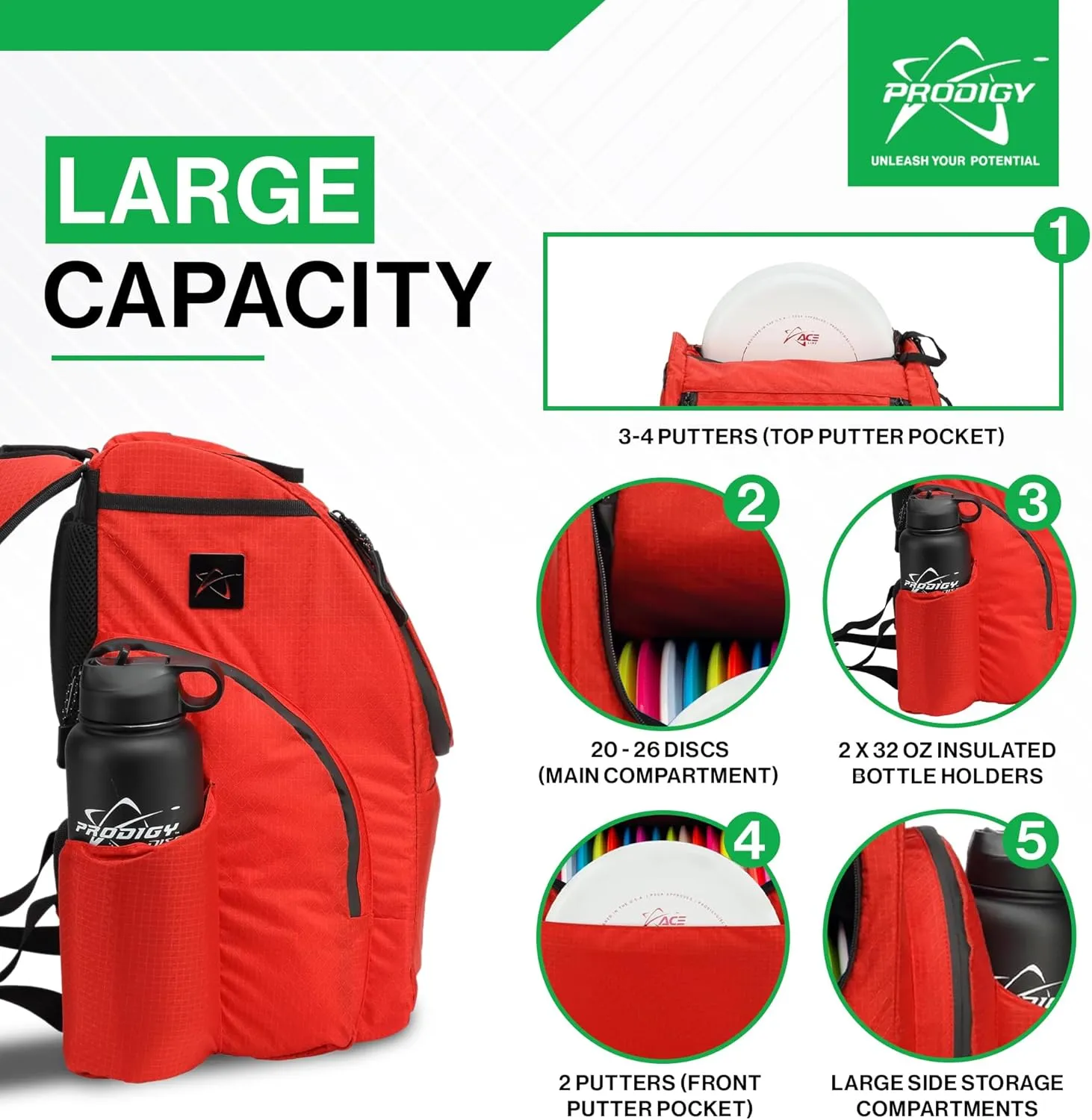 Prodigy Disc BP-2 V3 Disc Golf Backpack | Frisbee Golf Bag with 26  Disc Capacity Plus Extra Storage | Pro Quality Disc Golf Bag Backpack | Tear and Water Resistant | Large Disc Golf Bag