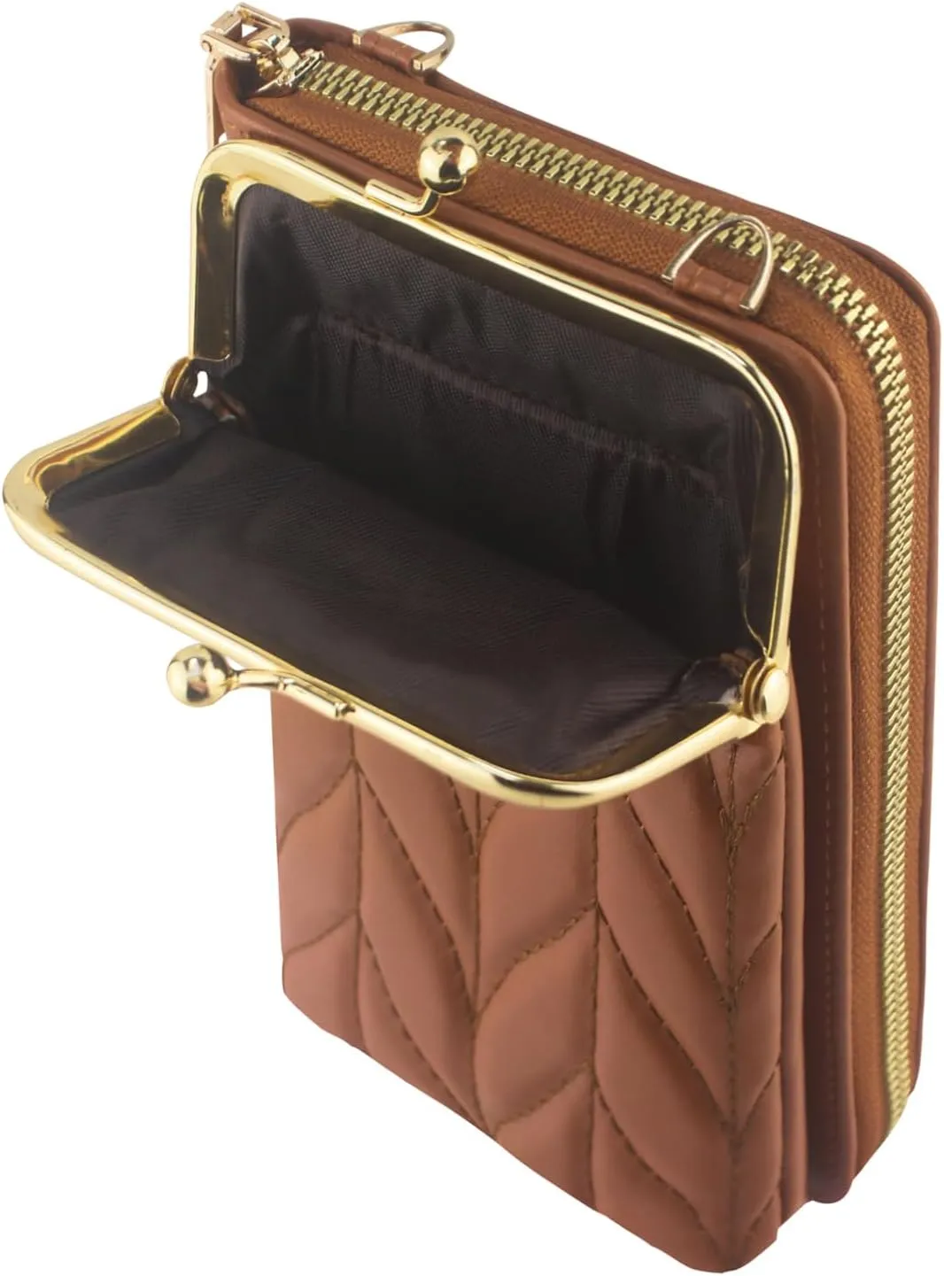 PU Leather Small Crossbody Phone Bag, Kiss Lock Phone Shoulder Bag, Zipper Cash Pocket Purse with Credit Card Slots