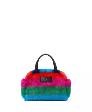 Puffed Striped Faux Fur Satchel Bag