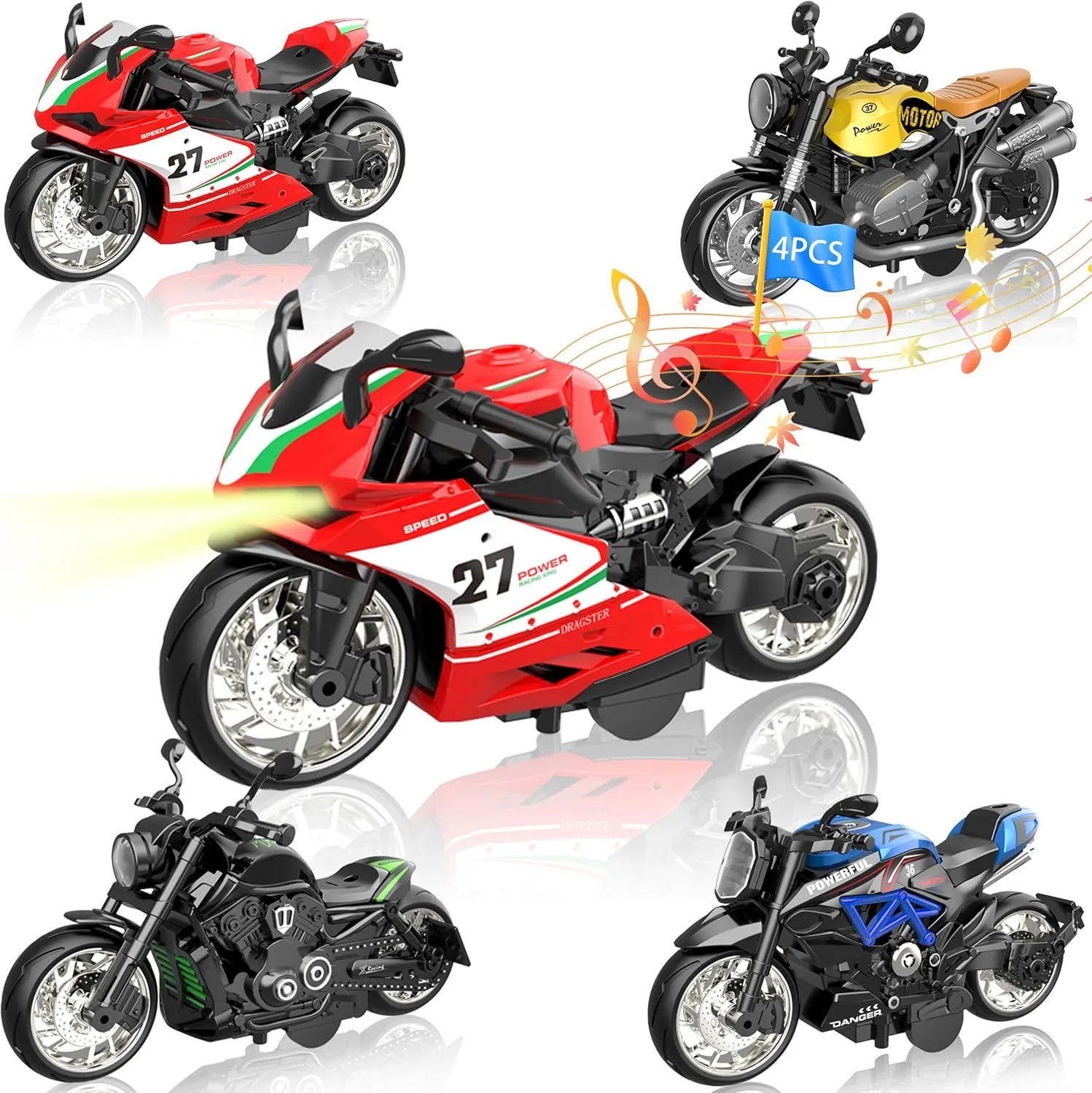 Pull Back Motorcycles 4-Pack with Lights & Sounds - Durable Metal & Plastic Toy Bikes for Kids Ages 3 , Toy Car, Motorcycle Collection, Gift