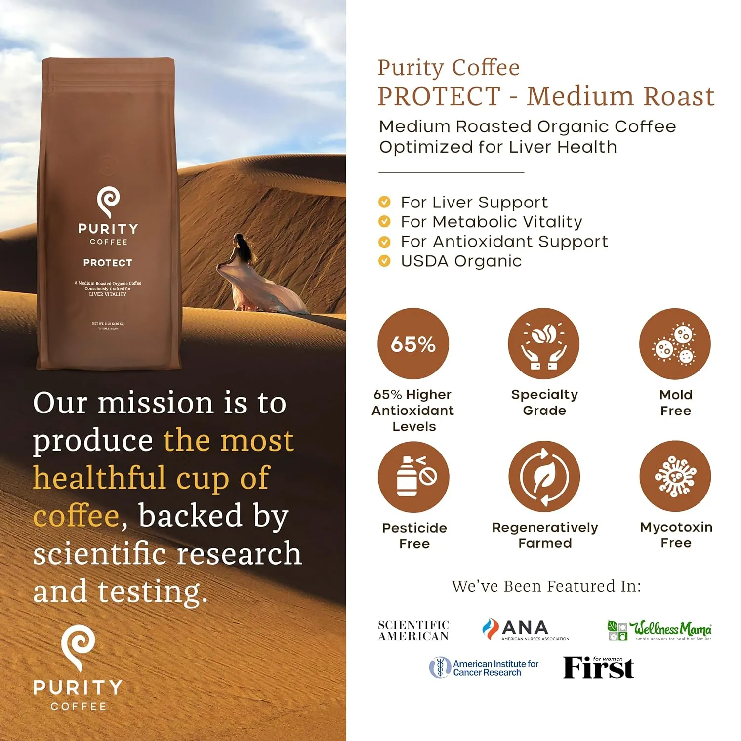 Purity Coffee PROTECT Highest Antioxidant Light-Medium Roast - USDA Certified Organic Specialty Grade Arabica Whole Bean Coffee - Third Party Tested for Mold, Mycotoxins, Pesticides - 5 lb Bag