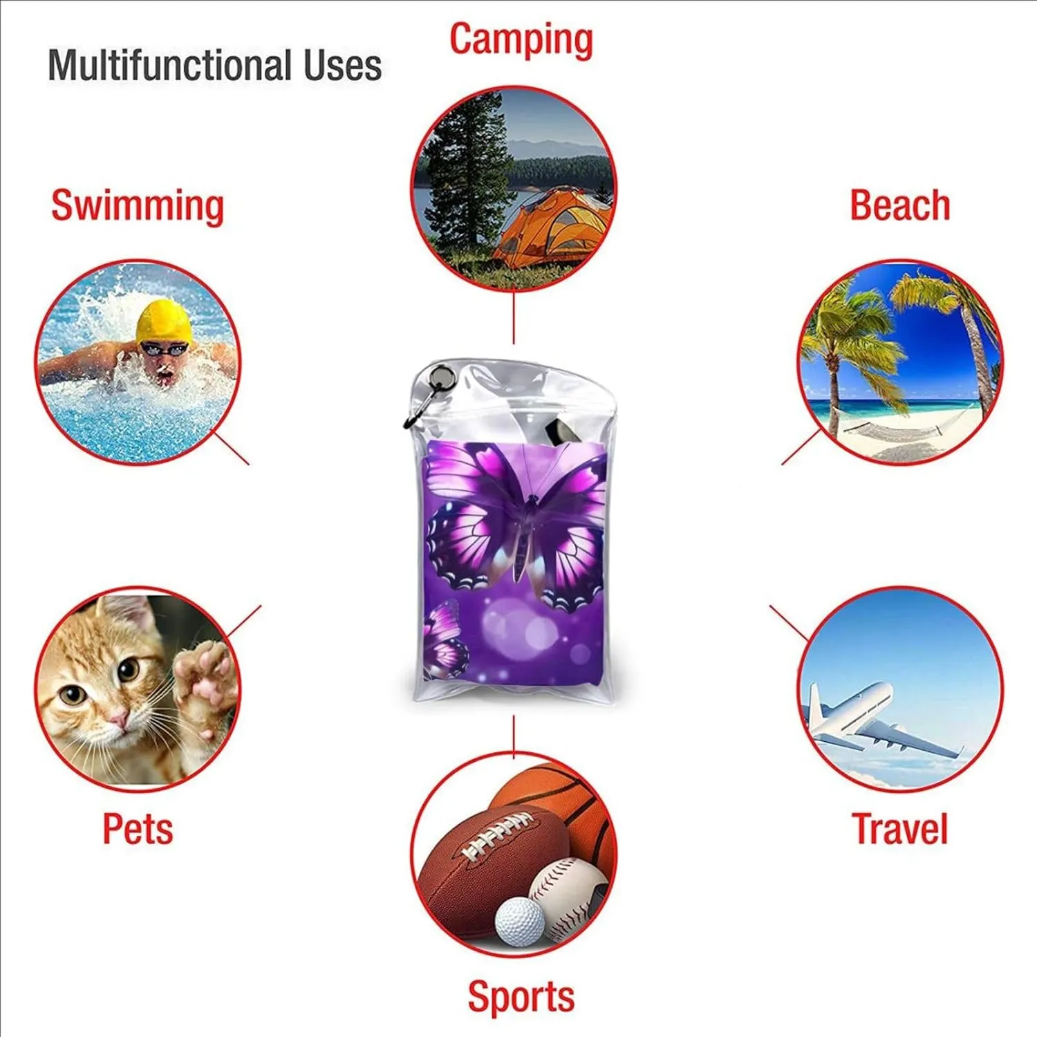 Purple Butterfly Premium Compact Microfiber Travel Towel-Featherlight & Quick Dry,Sand-Resistant Beach Towel for Swimming,Camping,Vacation Essentials with Carry Pouch