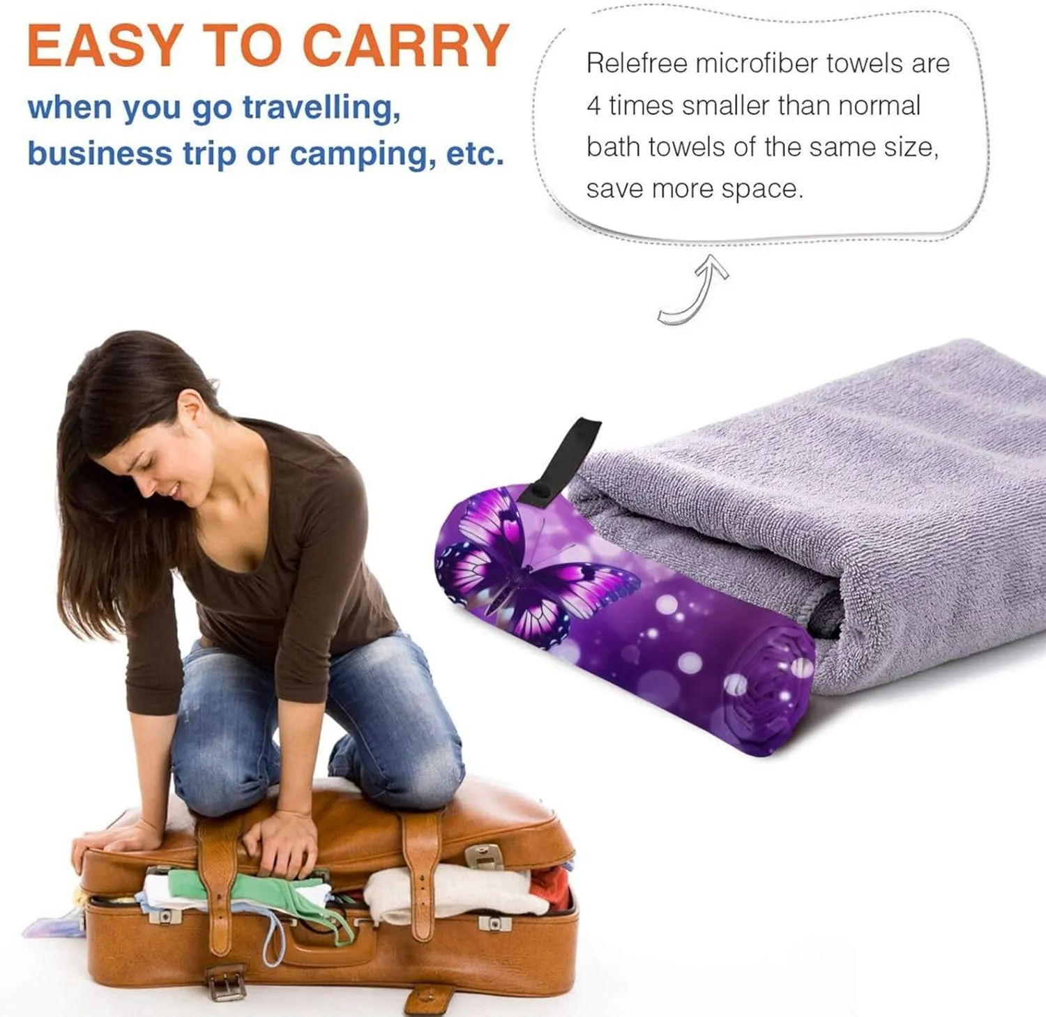 Purple Butterfly Premium Compact Microfiber Travel Towel-Featherlight & Quick Dry,Sand-Resistant Beach Towel for Swimming,Camping,Vacation Essentials with Carry Pouch