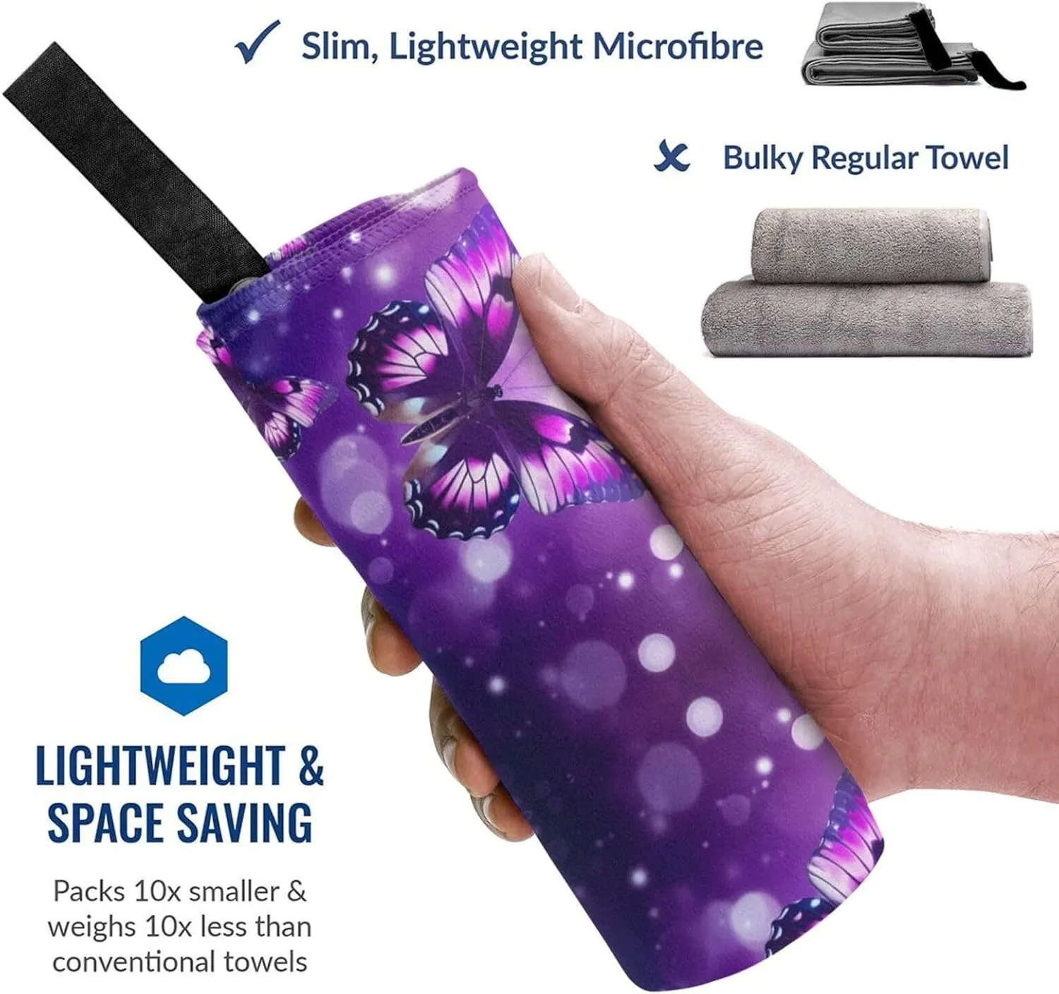 Purple Butterfly Premium Compact Microfiber Travel Towel-Featherlight & Quick Dry,Sand-Resistant Beach Towel for Swimming,Camping,Vacation Essentials with Carry Pouch