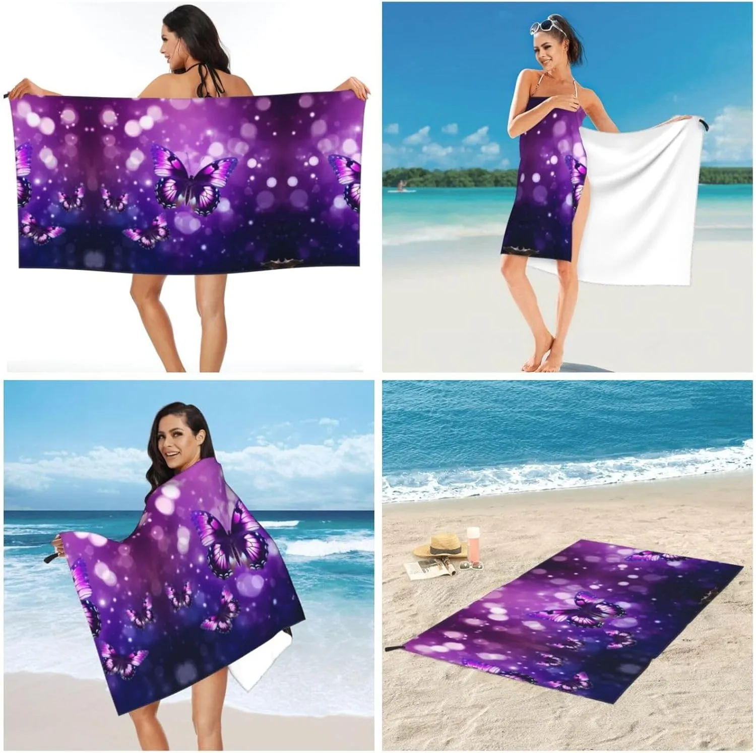 Purple Butterfly Premium Compact Microfiber Travel Towel-Featherlight & Quick Dry,Sand-Resistant Beach Towel for Swimming,Camping,Vacation Essentials with Carry Pouch