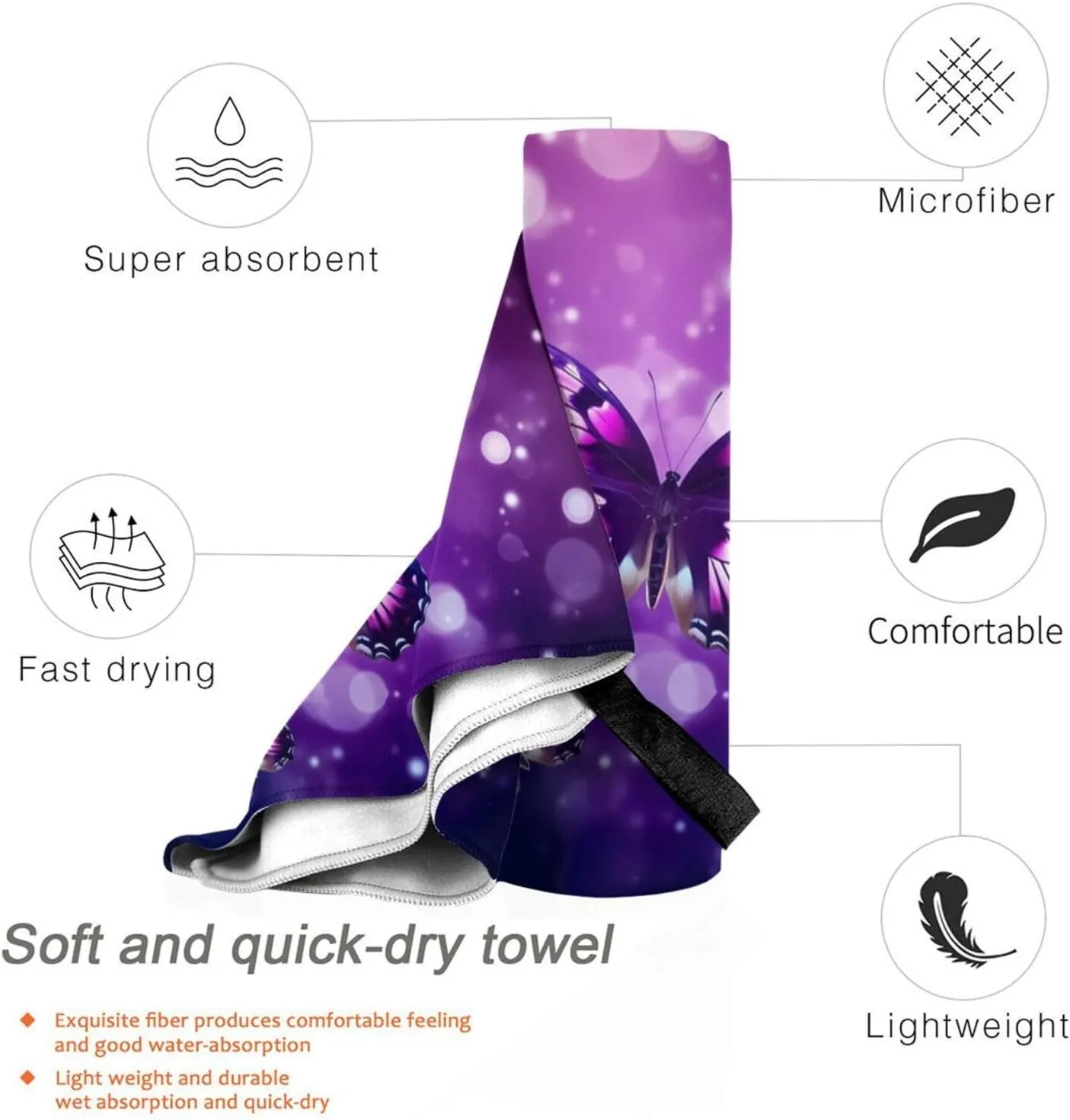 Purple Butterfly Premium Compact Microfiber Travel Towel-Featherlight & Quick Dry,Sand-Resistant Beach Towel for Swimming,Camping,Vacation Essentials with Carry Pouch