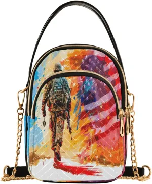 Quilted Crossbody Bags for Women,American Soldier Walking in Uniform American Flag in The Background Women's Crossbody Handbags Small Travel Purses Phone Bag