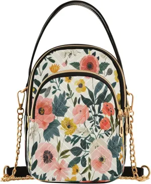 Quilted Crossbody Bags for Women,Botanical Floral Vector Seamless Women's Crossbody Handbags Small Travel Purses Phone Bag