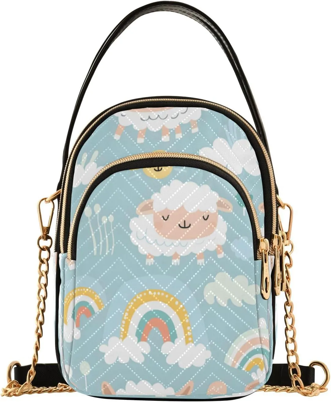 Quilted Crossbody Bags for Women,Cute Sheep and Rainbow Women's Crossbody Handbags Small Travel Purses Phone Bag
