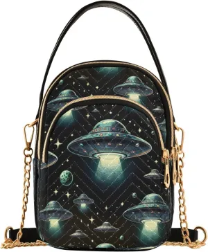 Quilted Crossbody Bags for Women,Flying Saucer in Dark Cosmos Space Women's Crossbody Handbags Small Travel Purses Phone Bag