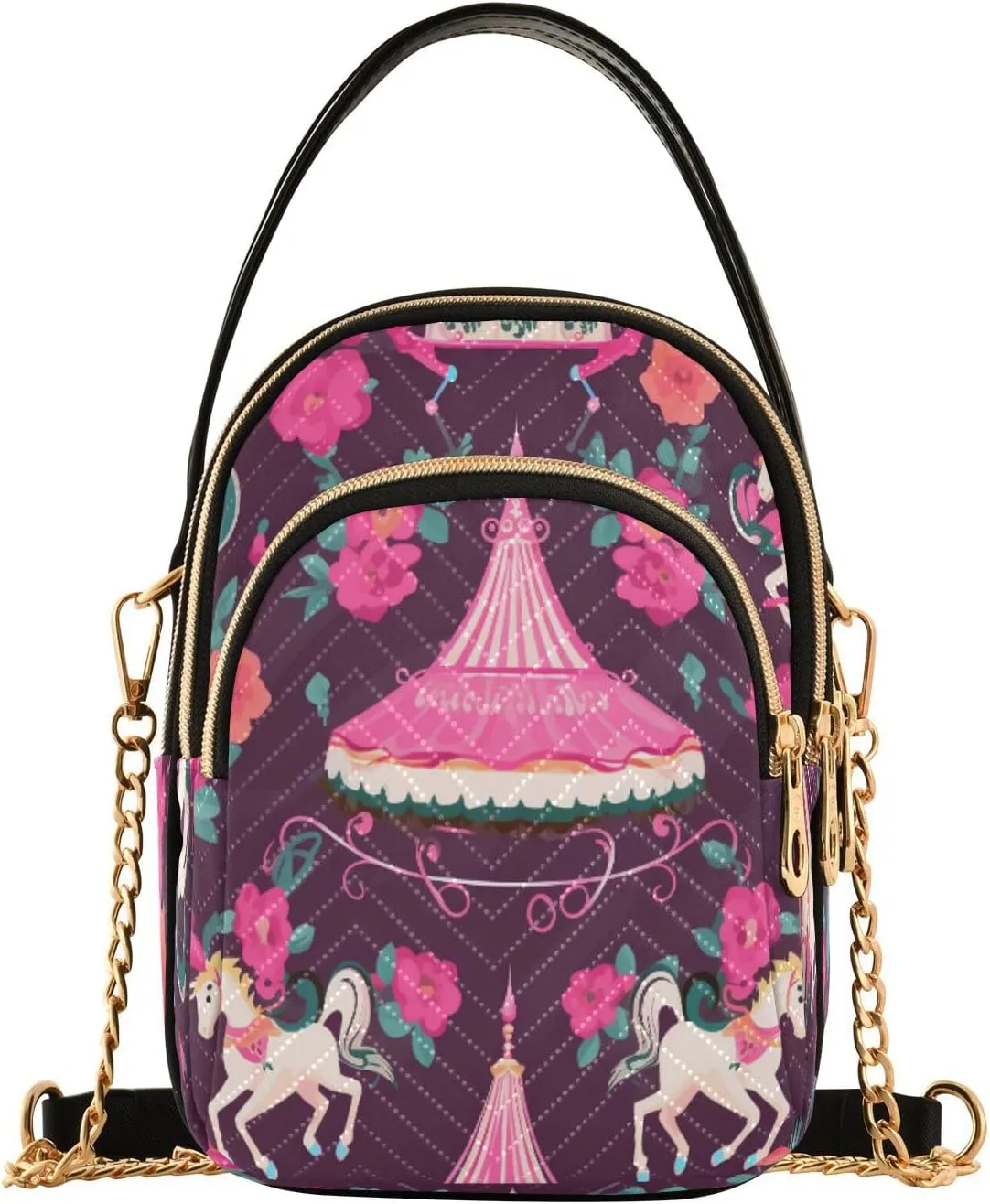 Quilted Crossbody Bags for Women,Rotating Trojan with Pink Flowers Women's Crossbody Handbags Small Travel Purses Phone Bag