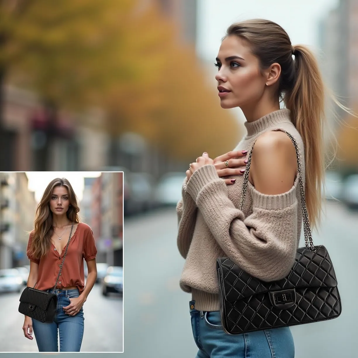 Quilted Leather Crossbody Bags for Women,Soft Lambskin Adjustable Double Chain Strap Shoulder Bag,Designer Flap Purse
