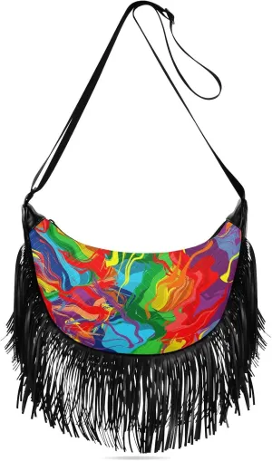 Rainbow Abstract Splash Fringe Bag for Women Cross Body Bag Tassel Shoulder Bag Satchel