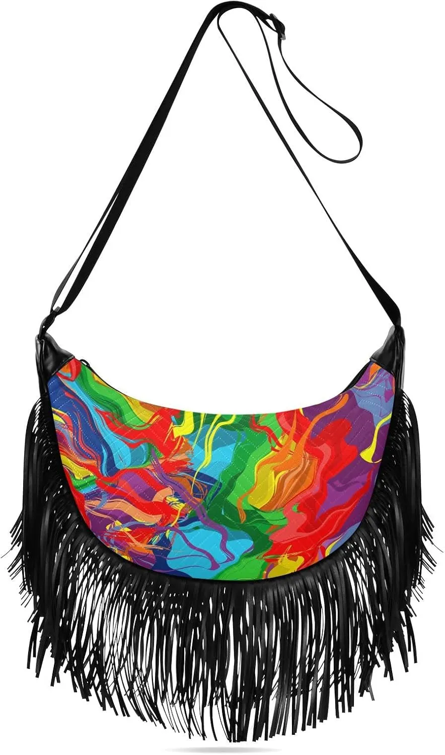 Rainbow Abstract Splash Fringe Bag for Women Cross Body Bag Tassel Shoulder Bag Satchel