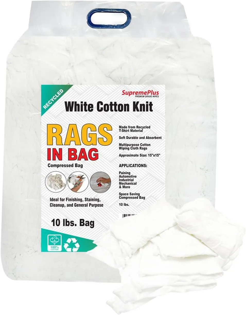 Recycled White Knit Cotton T-Shirt Rags in a Bag Low-Lint Cleaning Cloths for Household, Workshop, Industrial & Beyond-100% Washable, & Absorbent (600 lbs. Pallet 60x10 lbs. Bags)