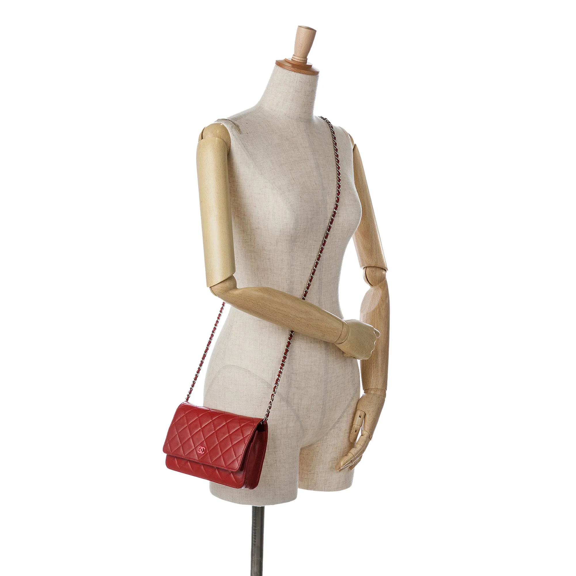 Red Chanel Classic Lambskin Wallet on Chain Crossbody Bag