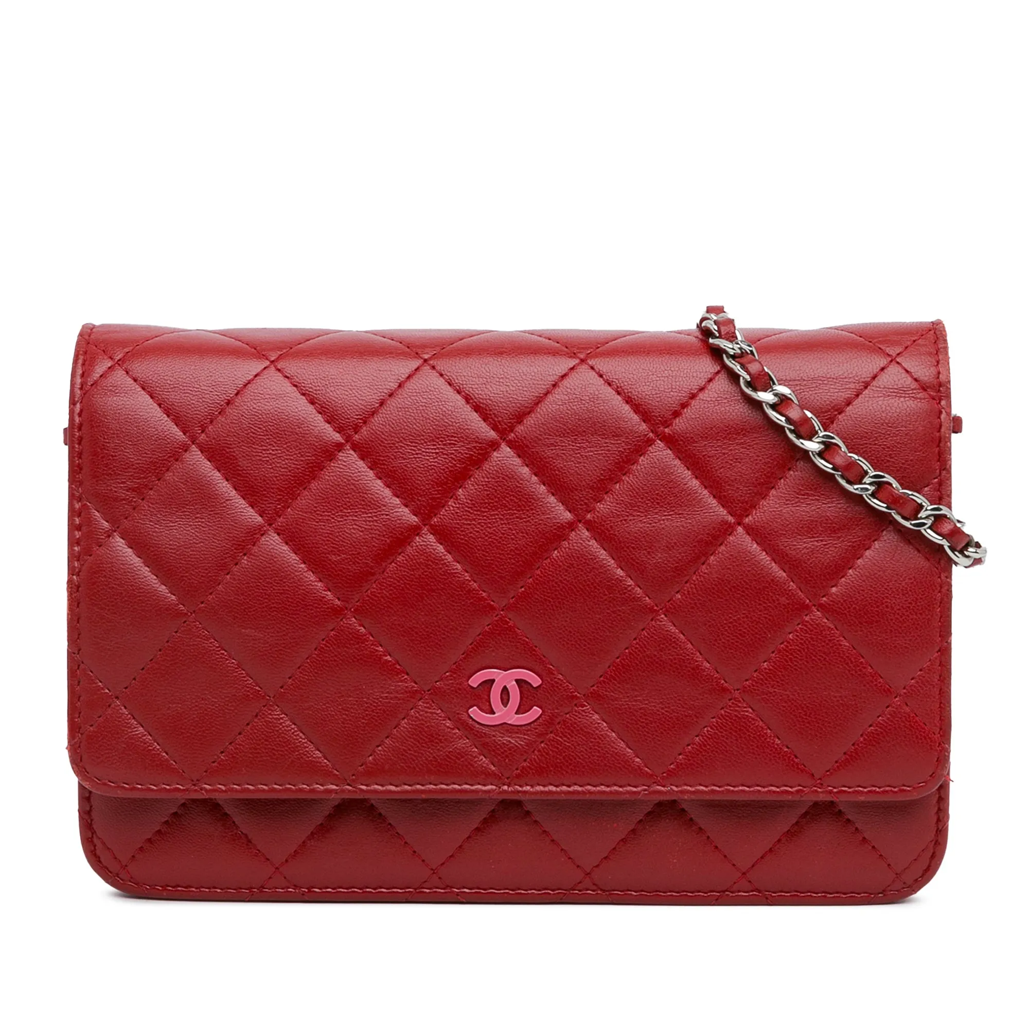 Red Chanel Classic Lambskin Wallet on Chain Crossbody Bag