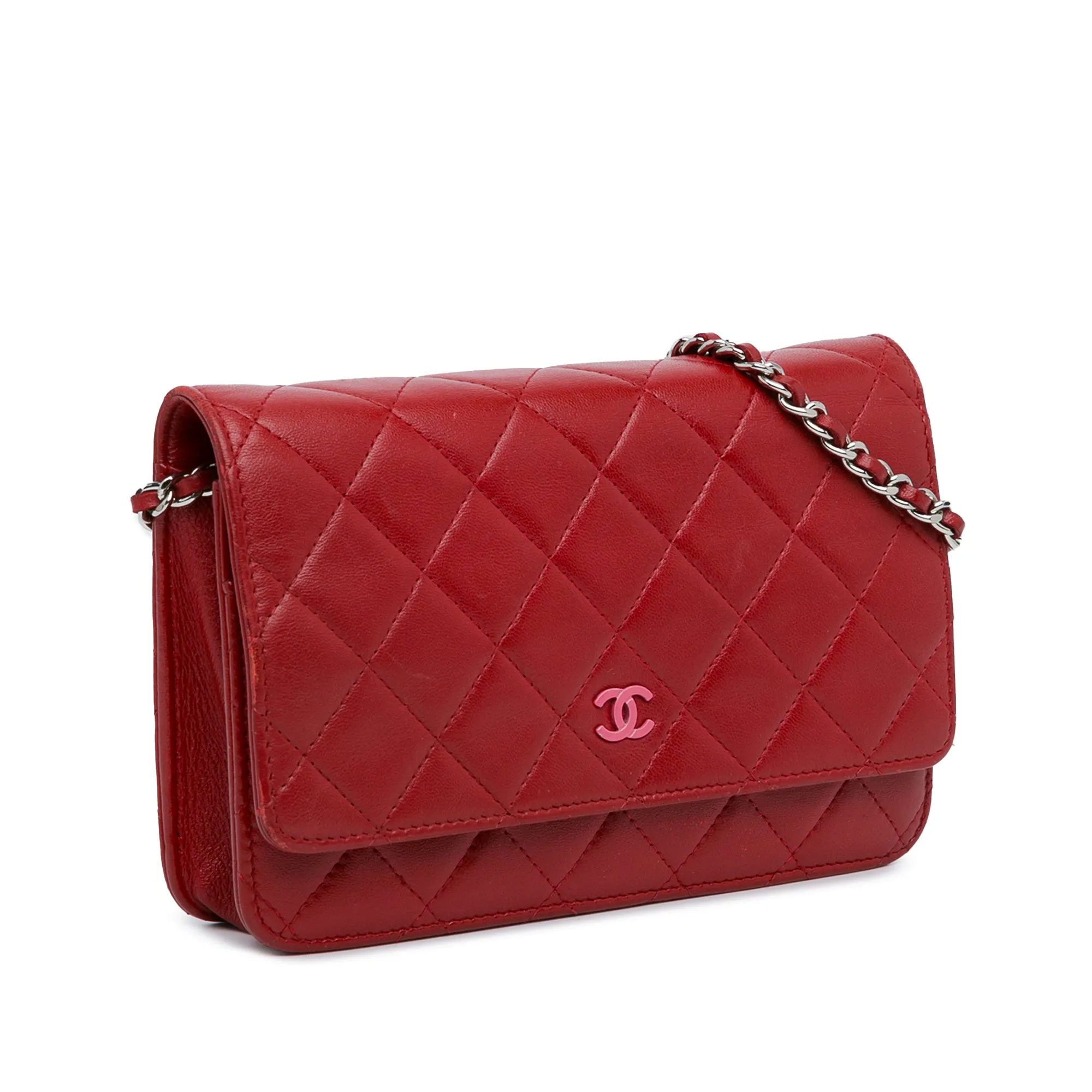 Red Chanel Classic Lambskin Wallet on Chain Crossbody Bag