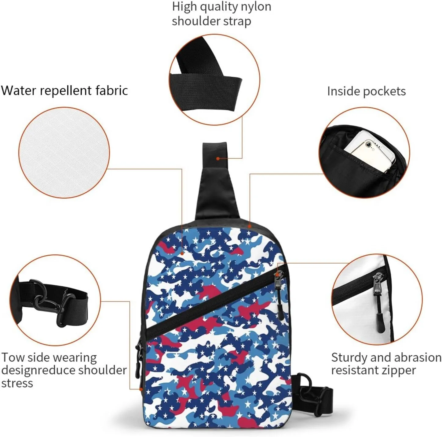 Red White Blue Camouflage American Flag Camo Star Portable Sling Bags Packable Crossbody Bag Foldable Sport Daypack Reusable Shoulder Backpack Diagonally Chest Bag for Workout Travel