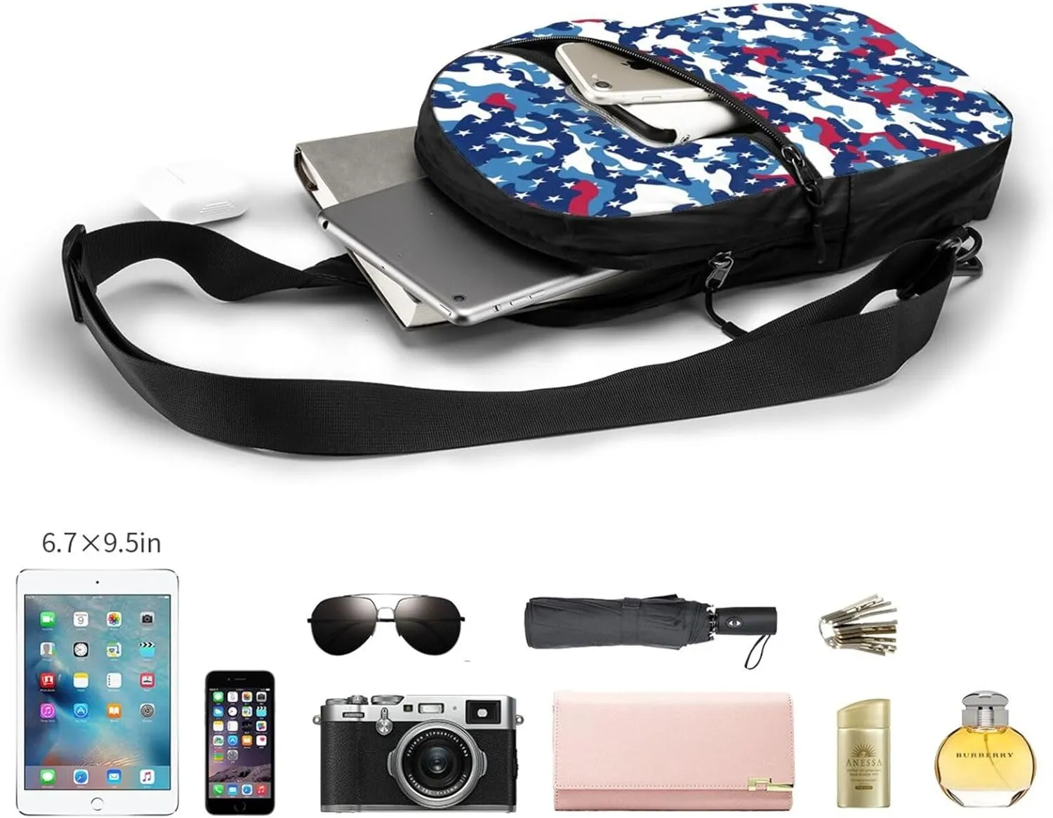 Red White Blue Camouflage American Flag Camo Star Portable Sling Bags Packable Crossbody Bag Foldable Sport Daypack Reusable Shoulder Backpack Diagonally Chest Bag for Workout Travel