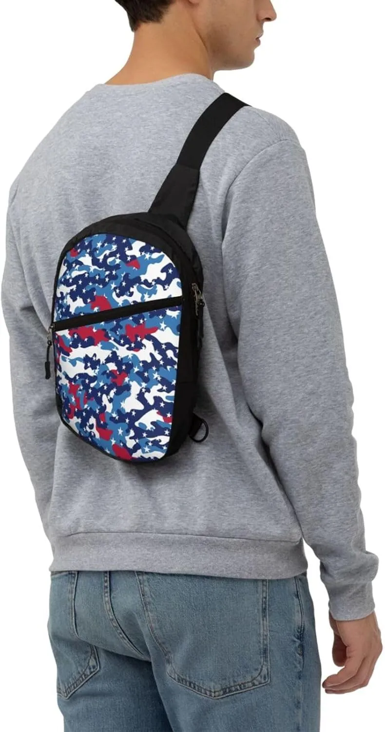 Red White Blue Camouflage American Flag Camo Star Portable Sling Bags Packable Crossbody Bag Foldable Sport Daypack Reusable Shoulder Backpack Diagonally Chest Bag for Workout Travel