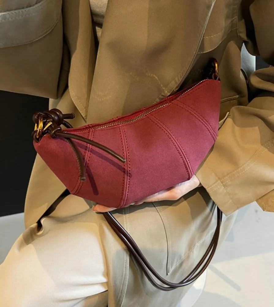 Retro Suede Handbag for Women Crescent Crossbody Bag Small Suede Shoulder Purse Dumpling Bag Half Moon Bag Fall