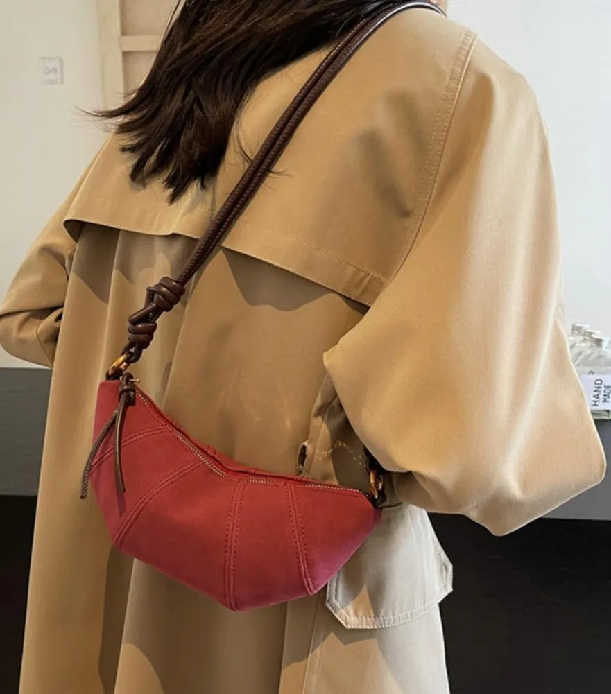 Retro Suede Handbag for Women Crescent Crossbody Bag Small Suede Shoulder Purse Dumpling Bag Half Moon Bag Fall
