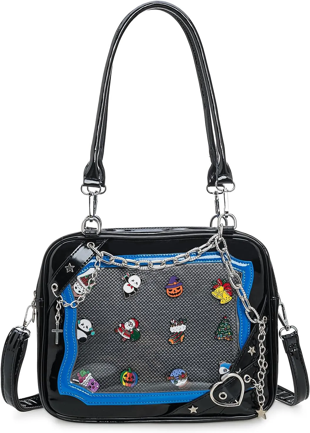 Rock Metal Cross Heart Ita Bag Crossbody Shoulder Bags Kawaii Cute Clear Window Pin Insert with a Removeable Strap