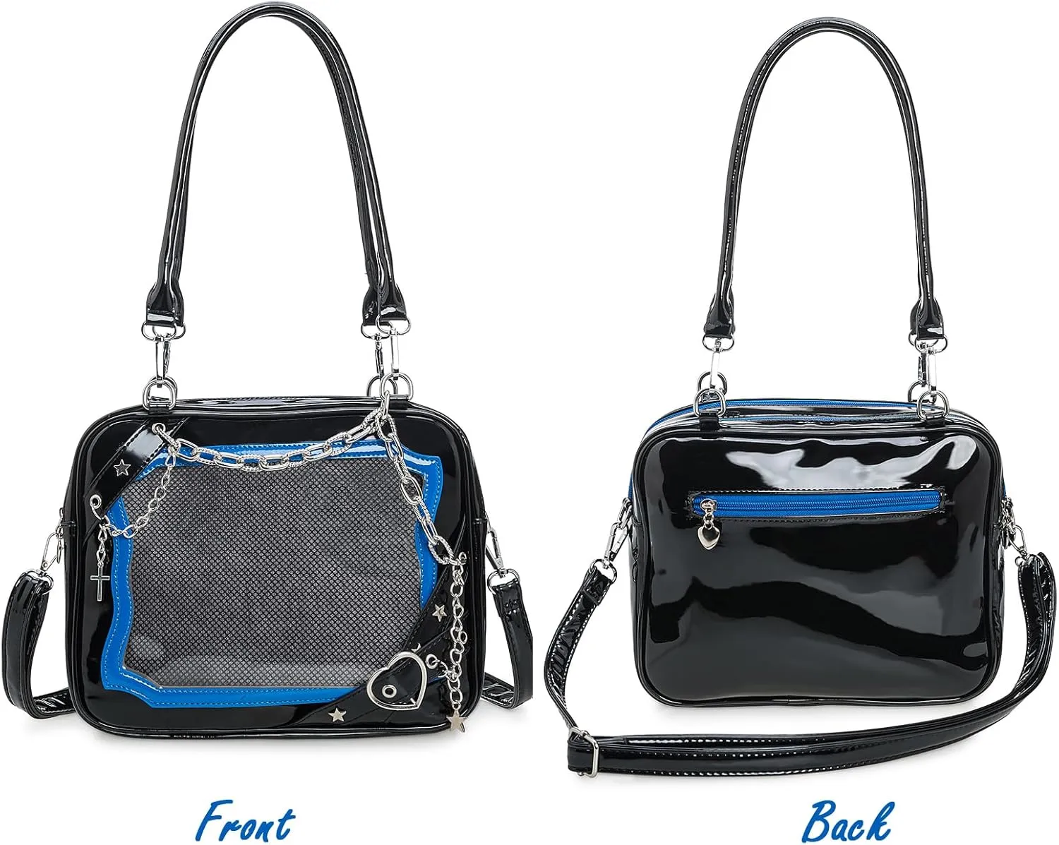 Rock Metal Cross Heart Ita Bag Crossbody Shoulder Bags Kawaii Cute Clear Window Pin Insert with a Removeable Strap