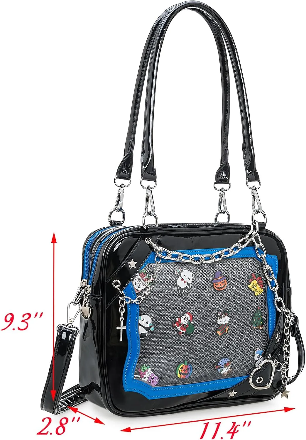Rock Metal Cross Heart Ita Bag Crossbody Shoulder Bags Kawaii Cute Clear Window Pin Insert with a Removeable Strap
