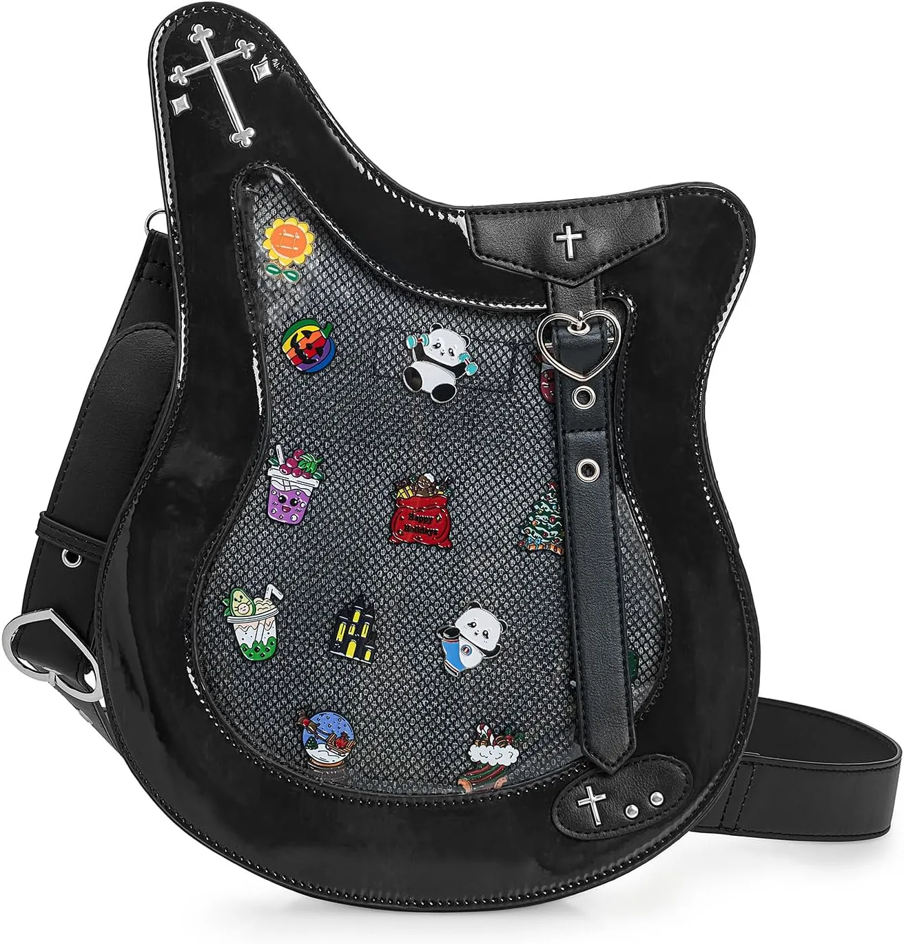 Rock Metal Guitar Ita Bag Crossbody Shoulder Bags Kawaii Cute Clear Window Pin Insert with a Removeable Strap