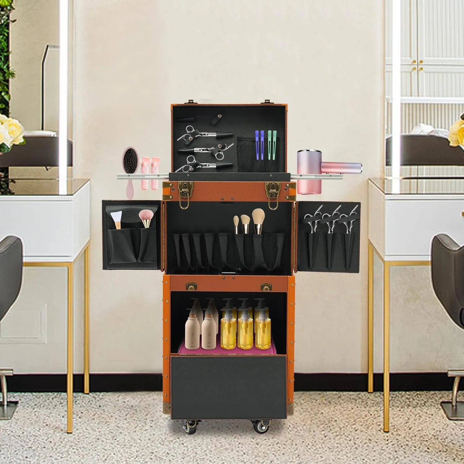 Rolling Makeup Train Case 15" x 9.8" x 32.3" Travel Stylist Case Lockable Hairdressing Trolley Cosmetic Case for Clipper Trimmer Barber Station with Hair Dryer Holder (Coffee)