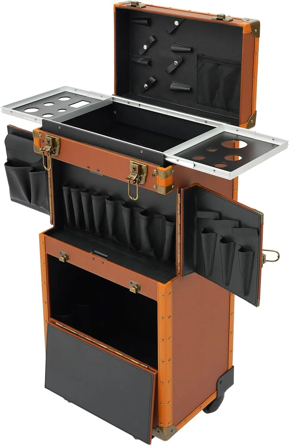 Rolling Makeup Train Case 15" x 9.8" x 32.3" Travel Stylist Case Lockable Hairdressing Trolley Cosmetic Case for Clipper Trimmer Barber Station with Hair Dryer Holder (Coffee)