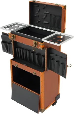 Rolling Makeup Train Case 15" x 9.8" x 32.3" Travel Stylist Case Lockable Hairdressing Trolley Cosmetic Case for Clipper Trimmer Barber Station with Hair Dryer Holder (Coffee)