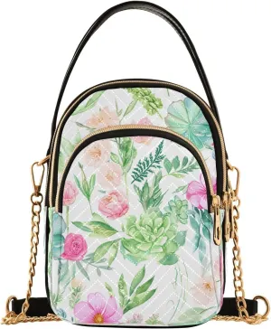 Rose Succulent Foliage White Multi Pockets Crossbody Bags for Women Zip Cell Phone Purse Wallet Bag with Detachable Shoulder Strap Handbag Purse for Girls Women Trendy Gift Shopping Working Traveling