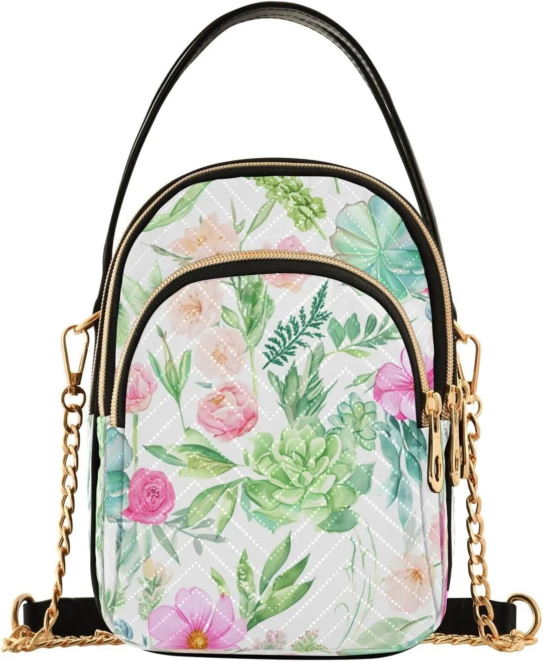 Rose Succulent Foliage White Multi Pockets Crossbody Bags for Women Zip Cell Phone Purse Wallet Bag with Detachable Shoulder Strap Handbag Purse for Girls Women Trendy Gift Shopping Working Traveling